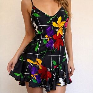 Vintage 90s California Dynasty Floral Satin Mini Dress Small